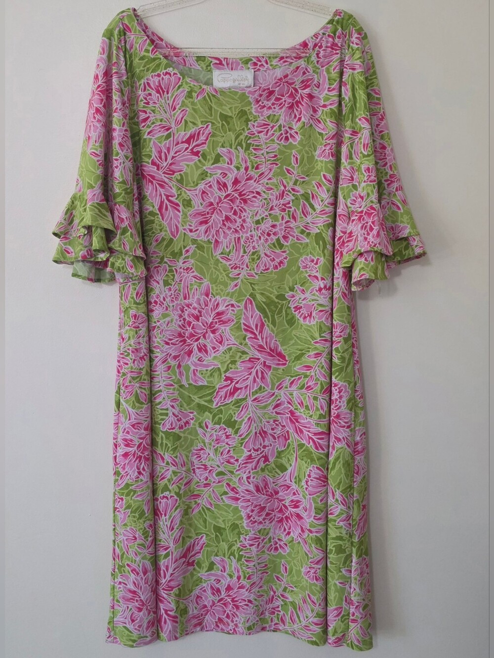 Pappagallo Bright Green & Pink Tropical Floral Shift Dress Preppy Resortwear XL